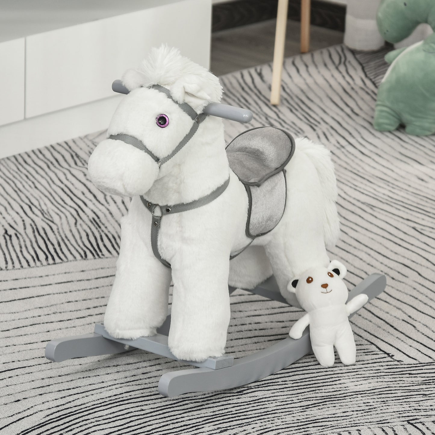 HOMCOM Kids Plush Ride-On Rocking Horse Toy Rocker with Plush Toy Realistic Sounds for Child 18-36 Months White