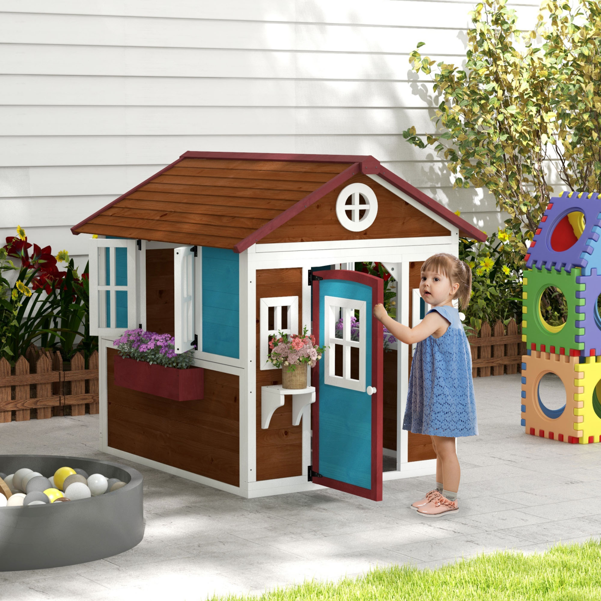 Outsunny Wooden Playhouse with Doors, Wooden, Plant Pots for Kids - Dark Brown
