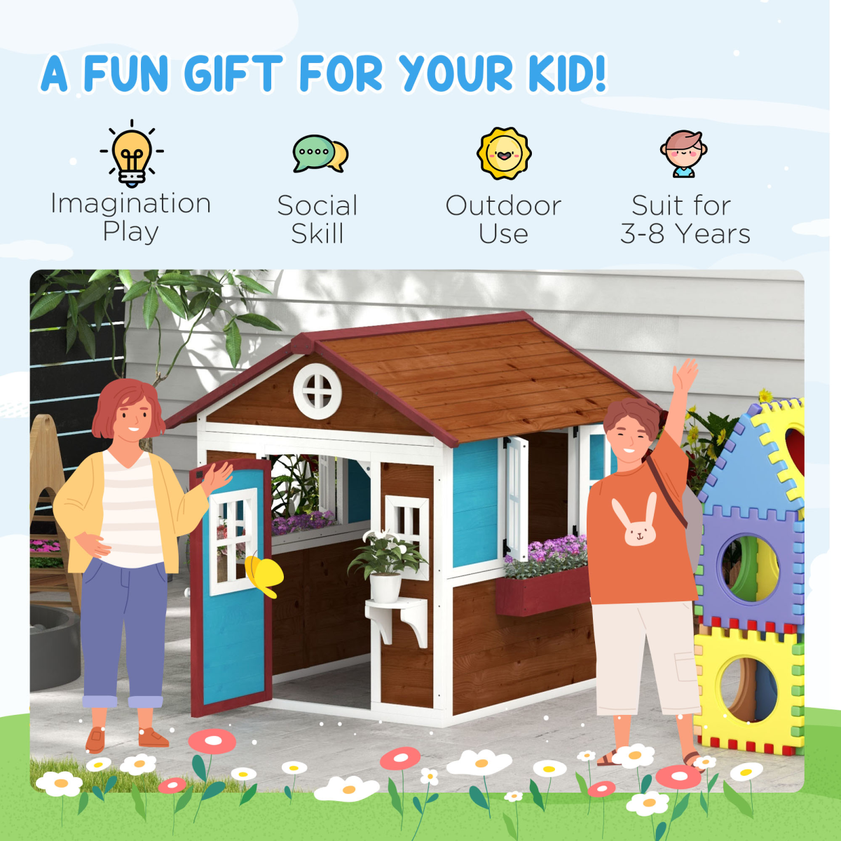 Outsunny Wooden Playhouse with Doors, Wooden, Plant Pots for Kids - Dark Brown