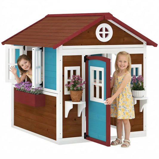 Wooden Playhouse with Doors, Windows, Plant Pots, Boxes, for 3-8 Years - Dark Brown