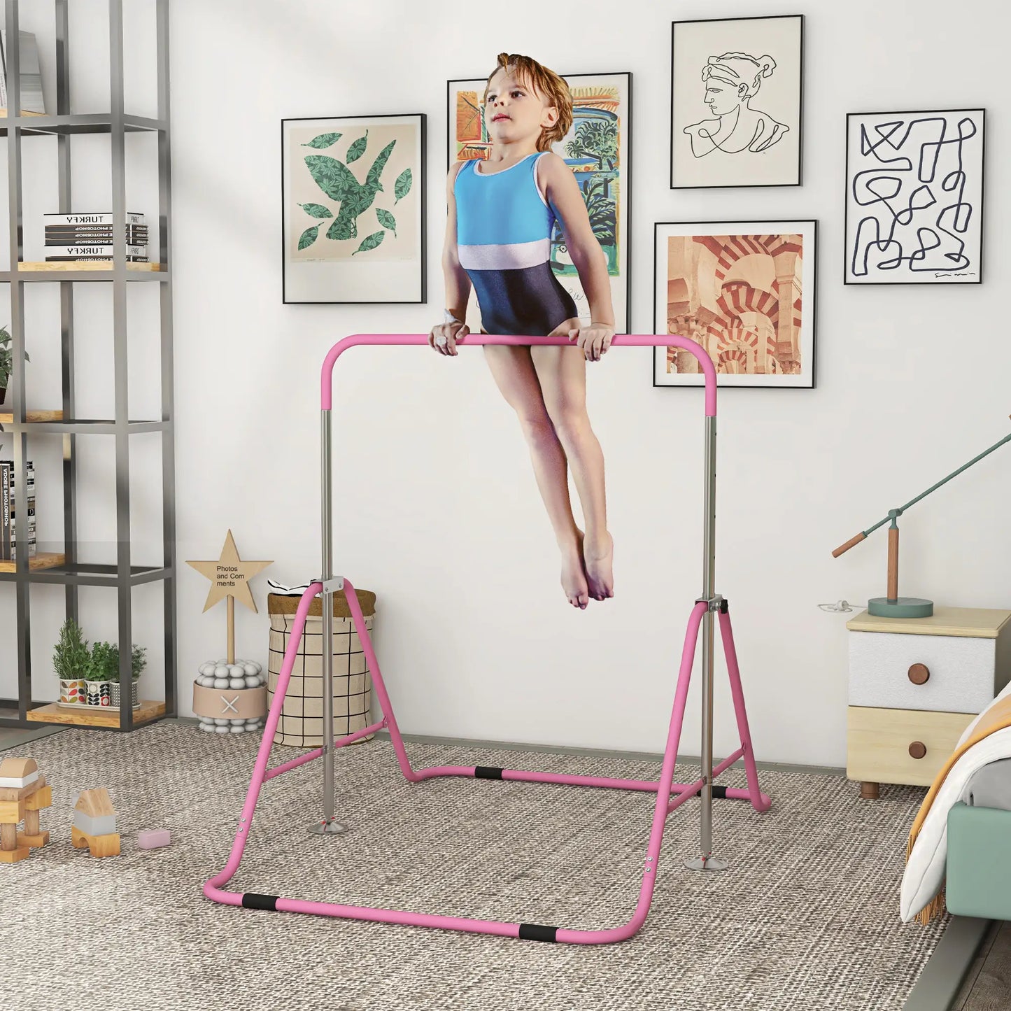 HOMCOM Kids Gymnastic Bar, with Adjustable Height, Foldable Horizontal Bars