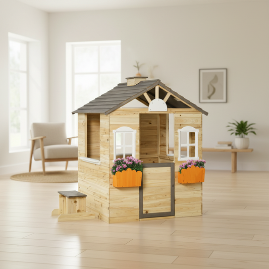 Wooden Kids Playhouse w/ Door, Windows, Bench, For Ages 3-7 Years